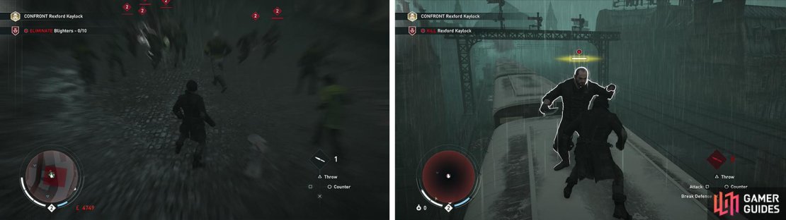 After fighting off the group of enemies (left), you&rsquo;ll need to fight the boss ontop of a train (right).