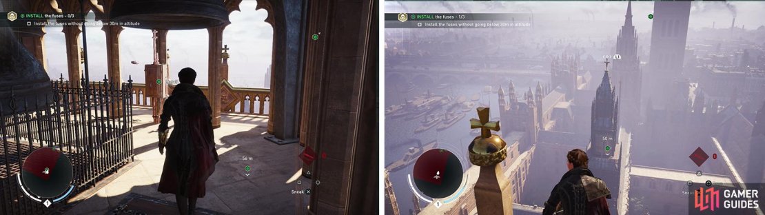 You&rsquo;ll need to disable three fuses (left). Use the rope launcher between the spires to stay above 30 meters (right).