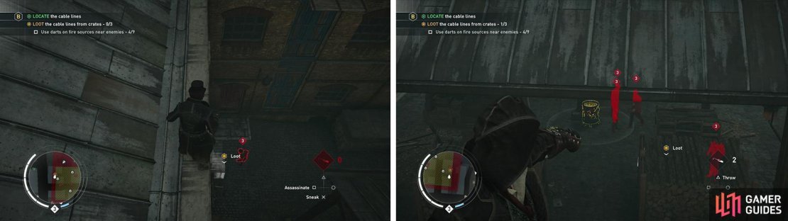 You&rsquo;ll need to examine three chests (left). Using the darts effectively to create distractions (right).
