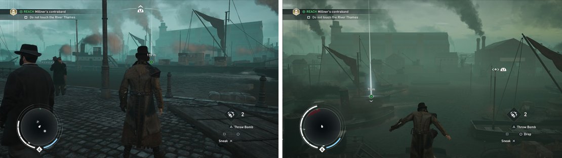 We&rsquo;ll need to cross the river to reach the objective (left). The easiest way is to use the Rope Launcher between ship masts (right).