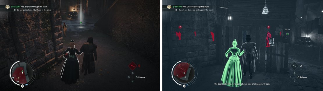 We&rsquo;ll need to escort the target through the slum (left). Use Eagle Vision to identify threats (right) and leave the escort alone to eliminate them effectively.