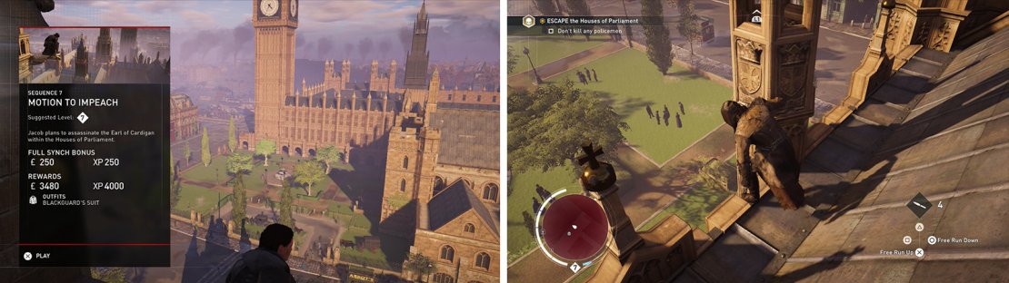 As soon as you start the memory you&rsquo;ll have all of the opportunities presented to you (left). Use the rooftops to plan your approach (right)