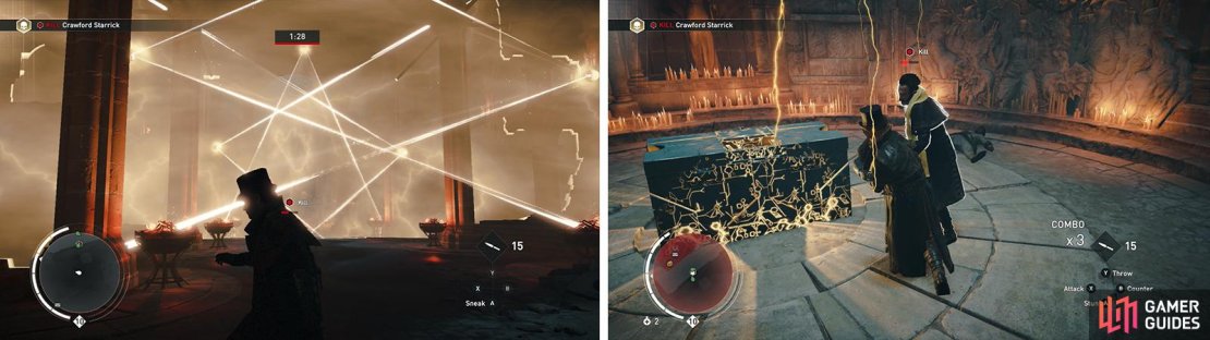 During the fight you&rsquo;ll need to manouver through the laser walls (left) before fighting the target one-on-one (right) several times over.