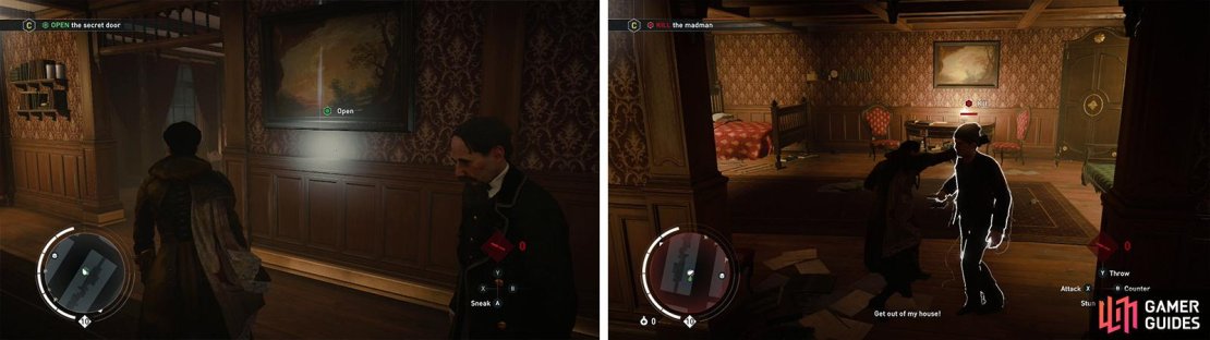 Investigate the keyhole (left) to open a secret passage. You&rsquo;ll need to fight the fellow inside (right).