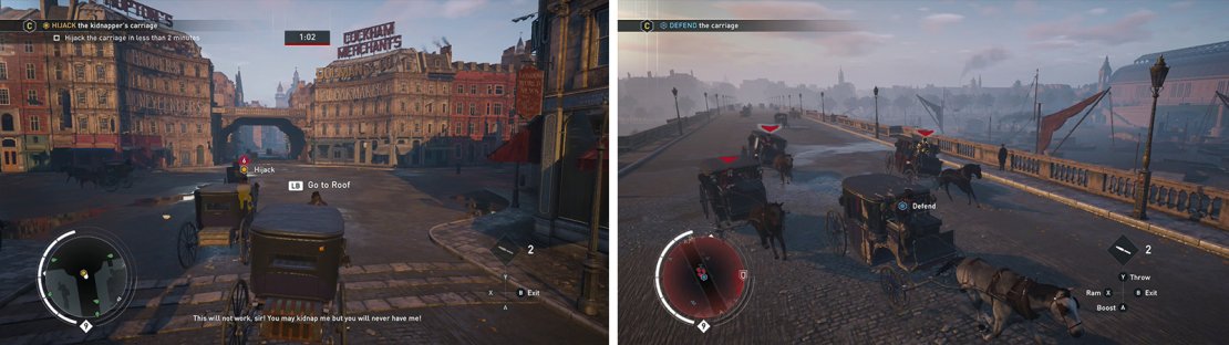 After hijacking the cart (left) you&rsquo;ll need to deal with a group of hostile carriages (right).