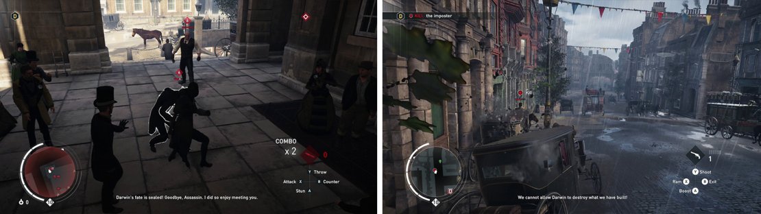 As soon as you exit the station you&rsquo;ll be attacked (left). Grab a carriage and chase down and kill the target (right).