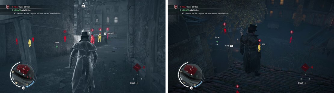 There are a pair of targets in this area (left). It&rsquo;s best to approach the situation via the rooftops (right).