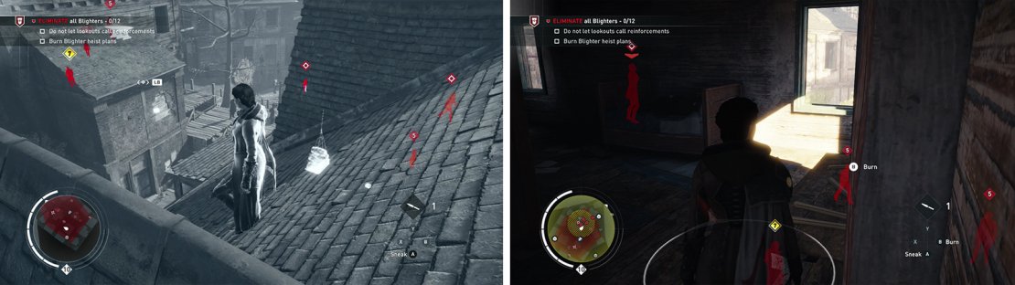 Tag the enemies using Eagle Vision from the rooftops (left). Don&rsquo;t forget to burn the heist plans (right).