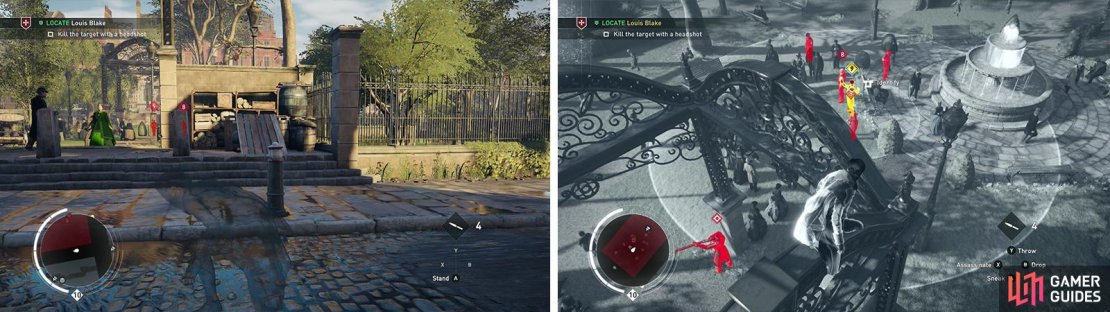 Use the route starting at the south end of the area (left). From the structure in the centre of the park you&rsquo;ll be able to find and shoot the target (right).