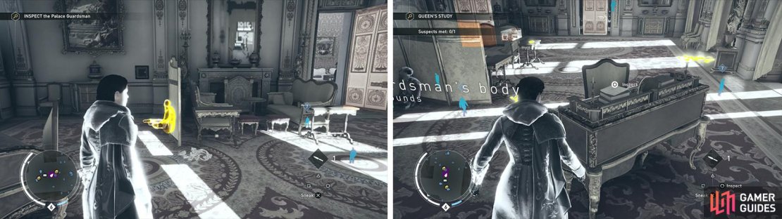 Inspect the body (left) and then the clues in the Queen&rsquo;s Office search area (right).