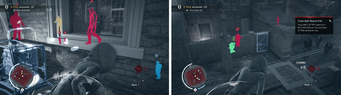 There is a piece of intelligence in the central building (left). Free the allies last so that you won&rsquo;t have to keep them alive (right).