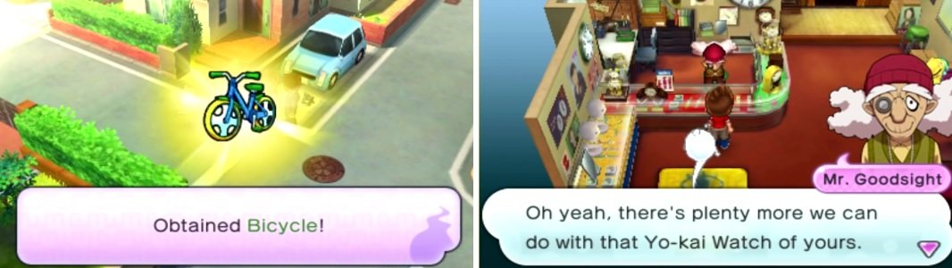 The bicycle will let you get around town faster (left). Don&rsquo;t forget to check out Timers & More for another Watch Rank request (right).