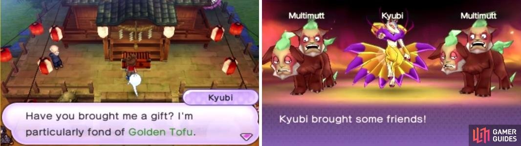 Give Kyubi the Golden Tofu (left) and you&rsquo;ll have to battle him (right) before he will join you.