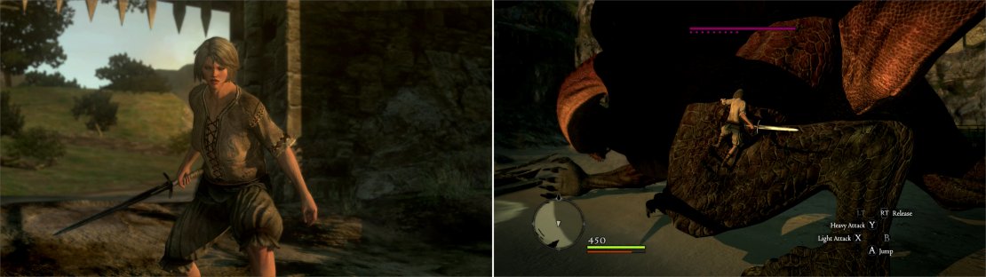 When the Dragon approaches, you&rsquo;ll arm yourself with the cowardly soldier&rsquo;s discarded weapon (left). You can&rsquo;t do much in your first, fateful encouter with the Dragon, but prove your mettle and make a nuisance of yourself anyways! (right).