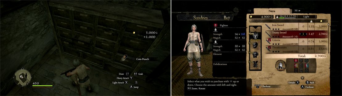 Search around Cassardis, you never know where you may find some money stashed away&hellip; (left) You can use these found funds to arm and armor yourself with more worthy gear (right).