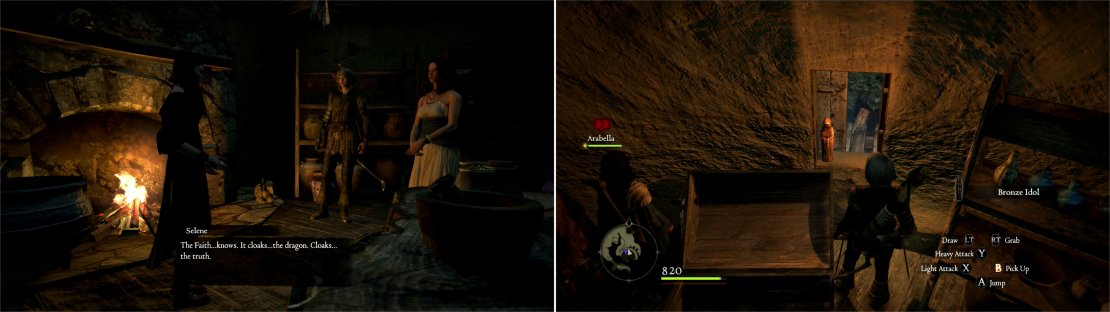 Make it to the Witch&rsquo;s house to learn about the church&rsquo;s cover-up of sensitive information (left). Be sure to grab the Bronze Idol from the window of the Witch&rsquo;s House (right).