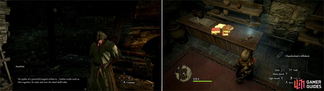 Listen to Austine complain about his ill-fated son (left) then make your way to the Fournival Manor in the Noble Quarter, where you can find the Chamberlain’s Affidavit (right).