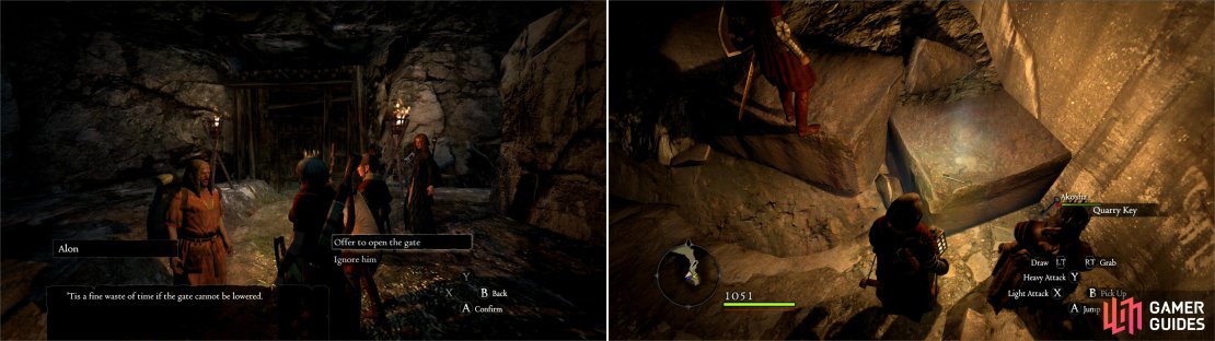 Find Alon outside of the Ancient Quarry and agree to help him clear the way (left). Shortly inside the quarry you&rsquo;ll find the Quarry Key, which opens up some side-passages (right).