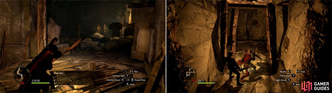 Some moderately strong Bandits are the first foes you&rsquo;ll encounter (left) and in some side-passages you&rsquo;ll find Undead Warrior (right).