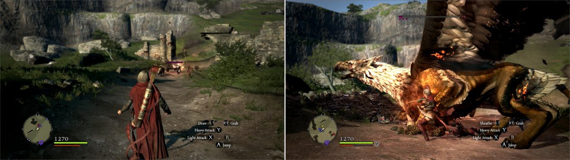 As you leave Gran Soren you&rsquo;ll witness a wagon being attacked by some Goblins (left). Eventually a more dire threat - a Griffin - will show up and make off with the wagon&rsquo;s Oxen (right).