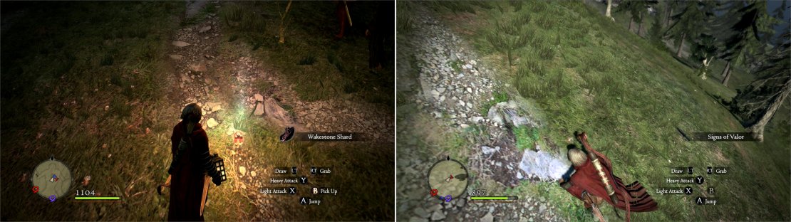 On Hillfigure Knoll, you&rsquo;ll find a Wakestone Shard near a bush (left). Search the Hillfigure&rsquo;s spear to obtain Signs of Valor (right).