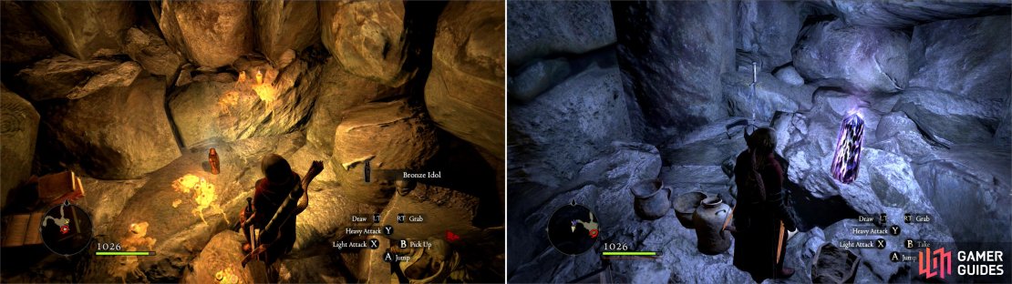 In the Dragonforged&rsquo;s Sanctum you can pick up another Bronze Idol (left) and a Portcrystal (right).
