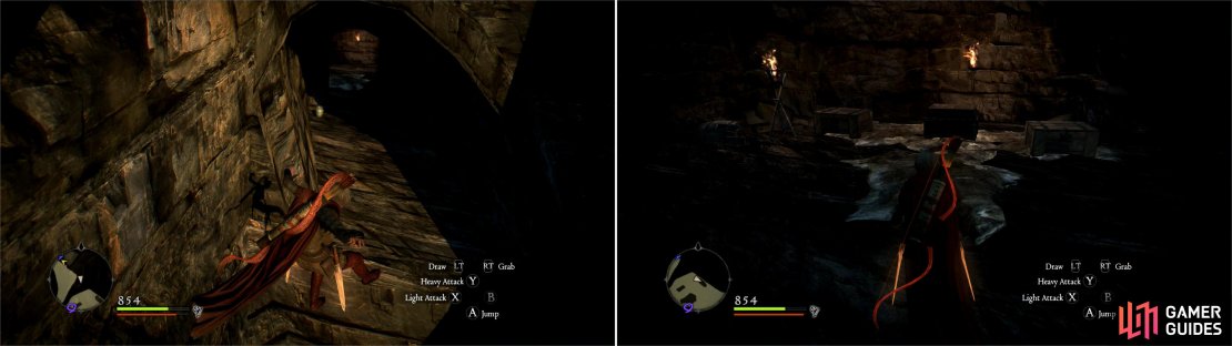 Make a running jump to reach an elevated cave (left) wherein you&rsquo;ll find several loot-worthy chest (right).