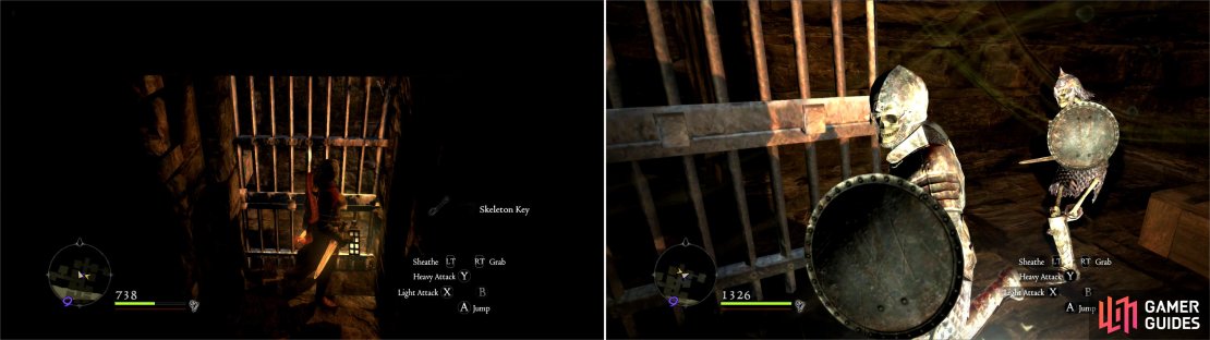 Use Skeleton Keys to open doors in Smuggler&rsquo;s Pass (left) then defeat the Skeleton Knights guarding various treasure (right).