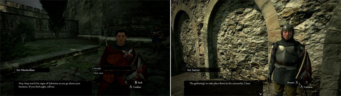 Agree to help Ser Maximilian invest a cult (left) then get this cult&rsquo;s location from a soldier (right).