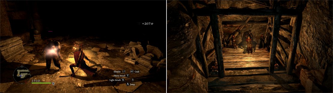 Inside the Catacombs you shouldn&rsquo;t be surprised to find various undead (left). Fight your way to a functional elevator and descend into the depths (right).