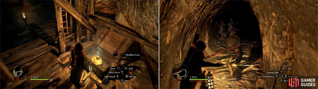 Search a chest under a wooden platform to find a Headless Icon, another rare component (left). Skeleton Knights guard a passage, at the end of which you&rsquo;ll find some treasure (right).