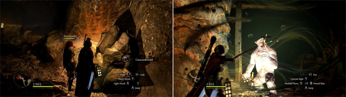Ore veins can yield Catacomb Gold, which is unique to the Catacombs (left). An Ogre has set up a lair in some of the Catacomb&rsquo;s natural caverns (right).