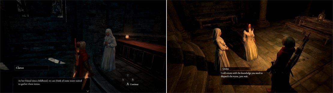 For being Quina&rsquo;s friend, Clarus will give us the &ldquo;honor&rdquo; of fetching a gift for Quina (left). Give Quina her parting gift and she&rsquo;ll vow to fine more information for you (right).