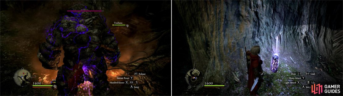 The Golem summoned to deal with the villagers is just as much of a threat to you (left). Once it&rsquo;s defeated, head into a large, winding tree-cavern to find a Portcrystal (right).