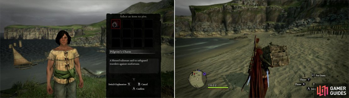 To see Valmiro off on his journey, you&rsquo;ll need to fetch him several items (left) then drag his luggage to his boat (right).