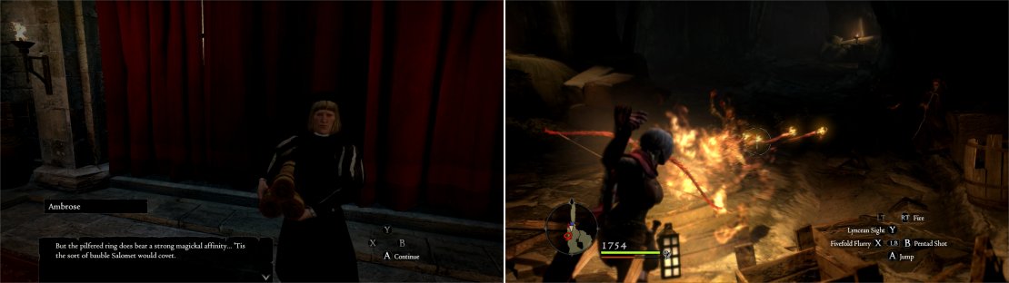 Talk to the inhabitants around the castle to learn about the stolen right (left). Track the thief to the Ancient Quarry and take down Salomet&rsquo;s goons (right).