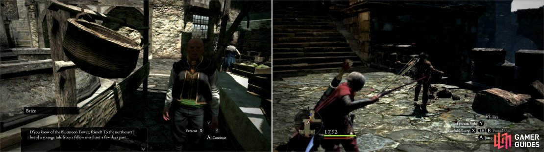 A merchant in town will give you a clue as to where Salomet fled (left). At Salomet&rsquo;s home base you&rsquo;ll find mighty mercenaries (right).