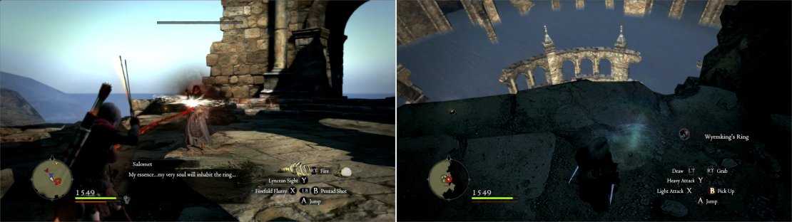 Salomet will babble, cast spells and summon undead to defend him (left). Once he&rsquo;s smote, recover the Wyrmking&rsquo;s Ring (right).