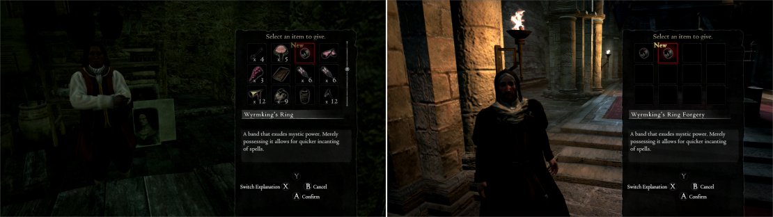 If you want to appease Aldous and keep the Wyrmking&rsquo;s Ring for yourself, make a forgery (left) and give Aldous the bogus copy (right). This may cost you some treasure later, however&hellip;