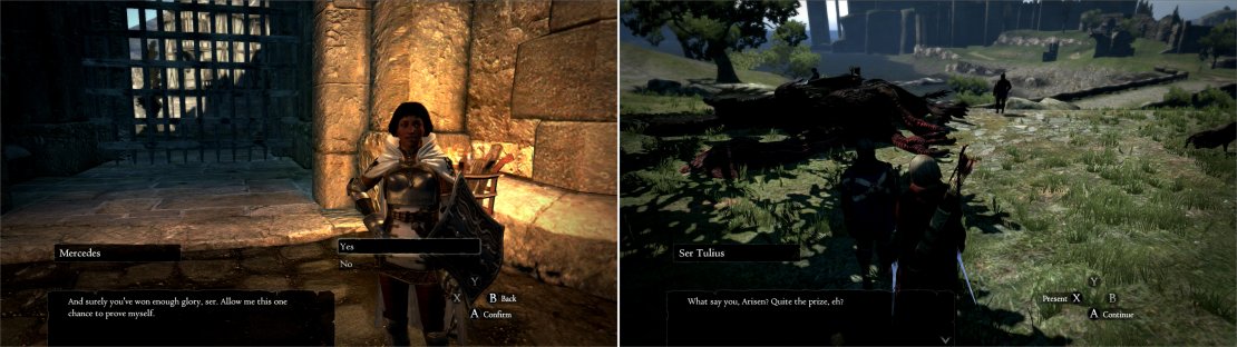 Ser Mercedes insists you allow her to lead this expedition so she can prove herself (left). Along the way, you&rsquo;ll find some Gran Soren guards who fortuned upon the corpse of a Cockatrice - a fine gift for the Duke (right).