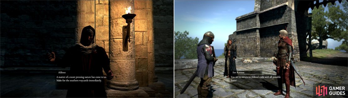Accept Aldous&rsquo;s next task (left) only to get the run-around when you reach the Mountain Waycastle (right).