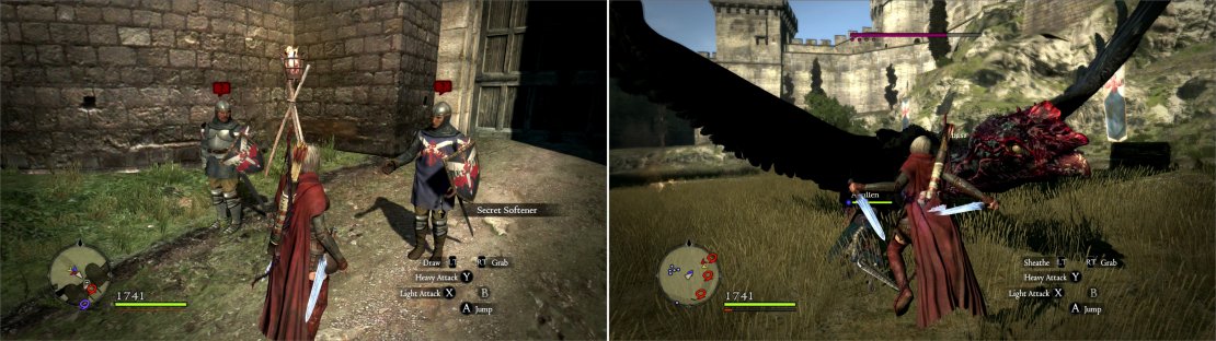 Approach the northern gate to Gran Soren and talk to the guard to get some helpful curatives (left), then enter the city and kill the resurrected Cockatrice, protecting the Duke&rsquo;s other trophies, if possible (right).
