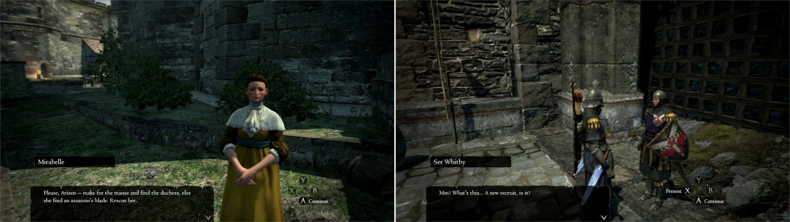 After the discovery of your previous misadventure with Aelinore, she&rsquo;s found herself in a spot of trouble (left). Disguise yourself as a guard to gain entry to the Duke&rsquo;s northern manse (right).