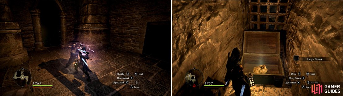Guards and bandits will threaten you as you make your escape (left), but there&rsquo;s also plenty of lady-themed gear to pick up along the way to make it worth your while (right).