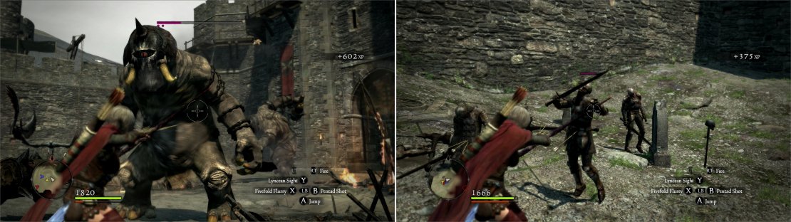 When you enter Greatwall you&rsquo;ll immediately be thrown into a great melee (left). Undead Warrior pollute the cemetery, guarding gravestones which yield loot (right).