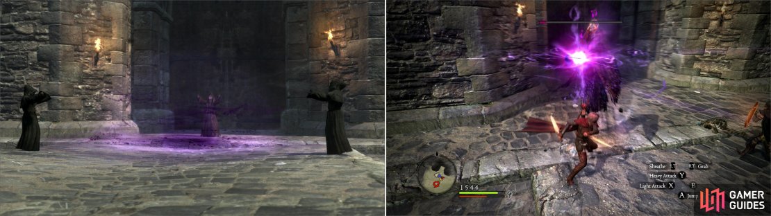 Reach the roof to find Salvation engaged in a dark ritual (left). After a sacrifice, you&rsquo;ll have to fend off a pair of Wights and their undead guardians (right).