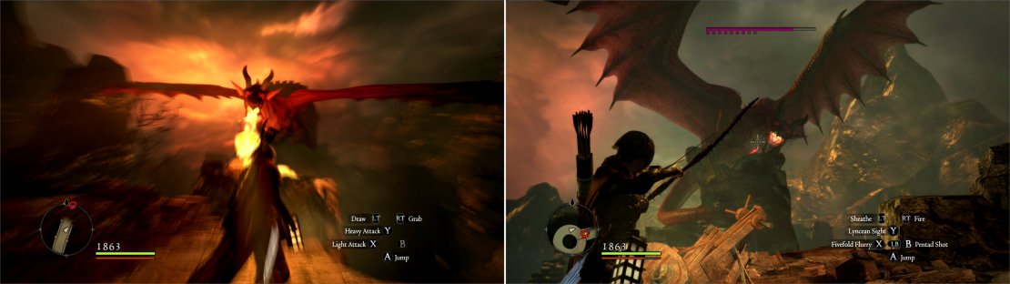 Move across the collapsing bridge as the Dragon makes fiery fly-by attacks (left). If you&rsquo;ve got a ranged weapon, you can drive the Dragon off its roost (right).
