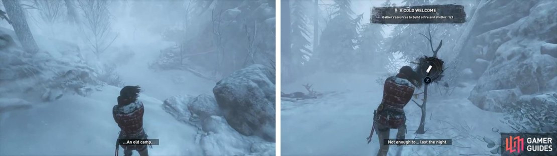 Approach the camp fire (left) and you&rsquo;ll be prompted to gather resources (right).