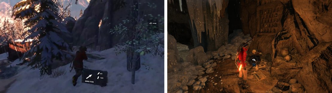 After ziplining down, look for an opening on the right of the path (left) leading to the first Crypt. Inside you&rsquo;ll find numerous collectibles including Document 01 (right).