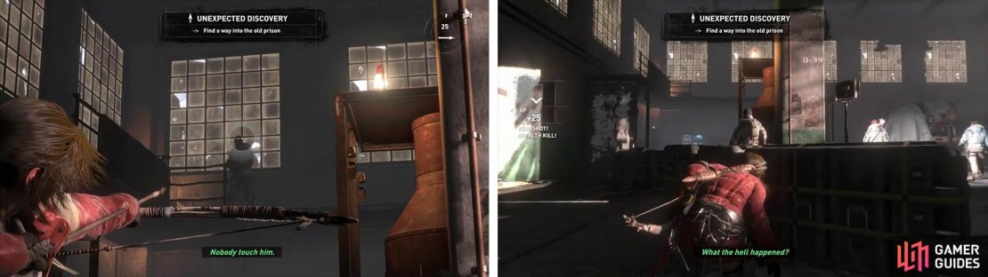 Take out the lookout on the balcony first (left) before focusing on the other enemies (right).